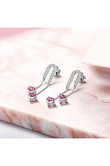 Silver Finish Diamond & Ruby Stone Drop Earrings In Sterling Silver