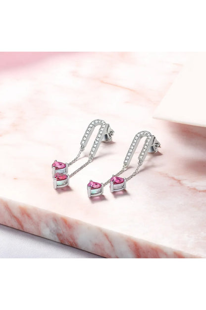 Silver Finish Diamond & Ruby Stone Drop Earrings In Sterling Silver