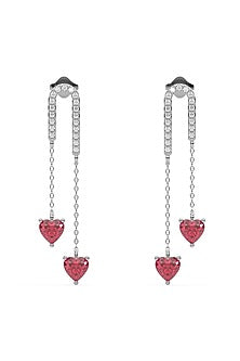 Silver Finish Diamond & Ruby Stone Drop Earrings In Sterling Silver