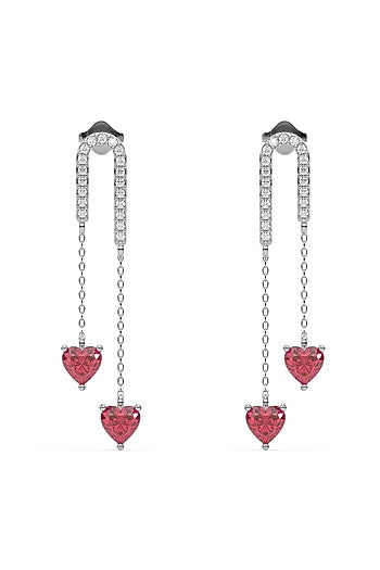 Silver Finish Diamond & Ruby Stone Drop Earrings In Sterling Silver