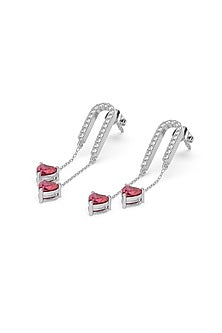 Silver Finish Diamond & Ruby Stone Drop Earrings In Sterling Silver