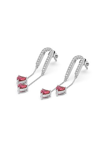 Silver Finish Diamond & Ruby Stone Drop Earrings In Sterling Silver