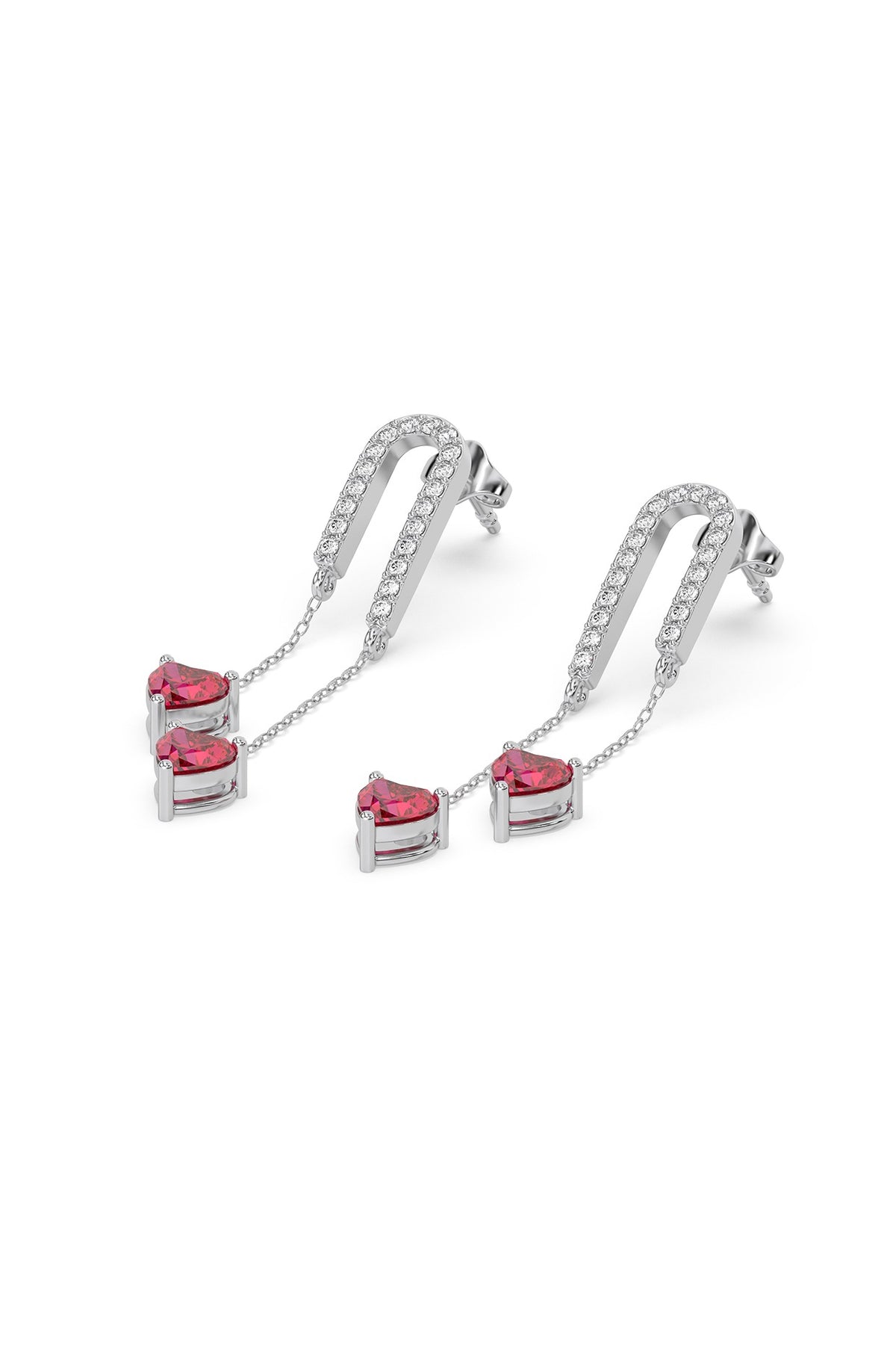 Silver Finish Diamond & Ruby Stone Drop Earrings In Sterling Silver