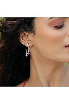 Silver Finish Diamond & Ruby Stone Drop Earrings In Sterling Silver