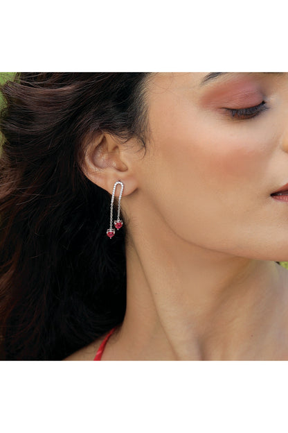 Silver Finish Diamond & Ruby Stone Drop Earrings In Sterling Silver