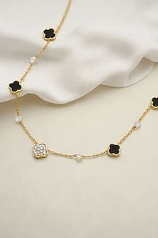 Gold Plated Diamond Black Enameled Necklace
