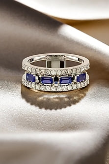 White Finish Diamond & Sapphire Stone Ring In Sterling Silver