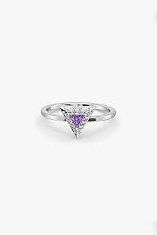 White Finish Diamond & Amethyst Stone Ring In Sterling Silver