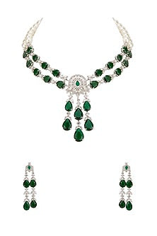 White Finish Emerald Stone & Zircon Necklace Set