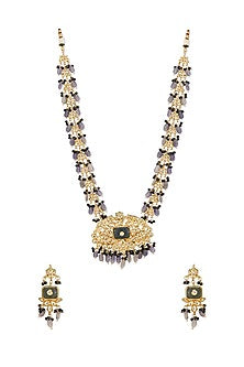 Gold Finish Kundan Polki & Semi-Precious Grey Stone Long Necklace Set
