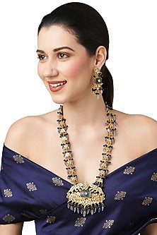 Gold Finish Kundan Polki & Semi-Precious Grey Stone Long Necklace Set