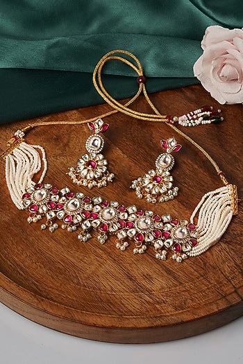 Gold Finish Ruby & Kundan Choker Necklace Set