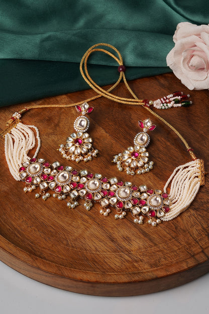Gold Finish Ruby & Kundan Choker Necklace Set