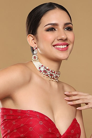Gold Finish Ruby & Kundan Choker Necklace Set