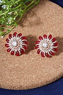 Rose Gold Finish Faux Diamond & Ruby Stud Earrings