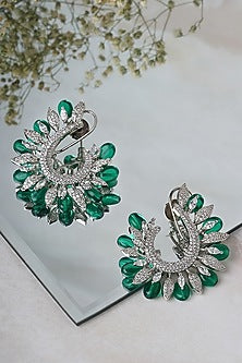 White Finish Faux Diamond & Green Stone Hoop Earrings