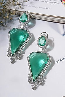 White Finish Faux Diamond & Green Stone Hoop Earrings