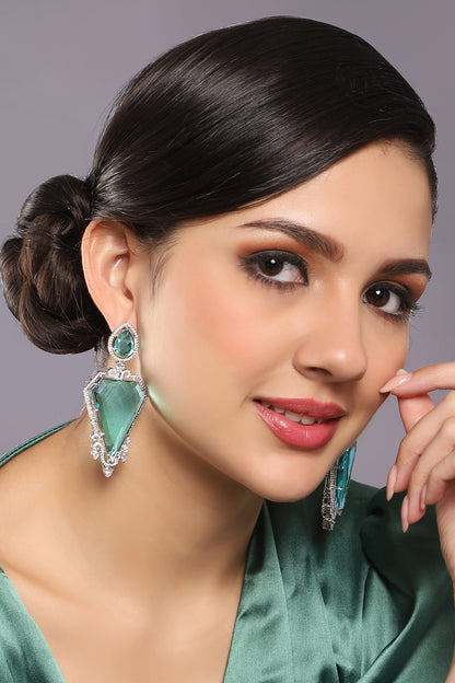 White Finish Faux Diamond & Green Stone Hoop Earrings