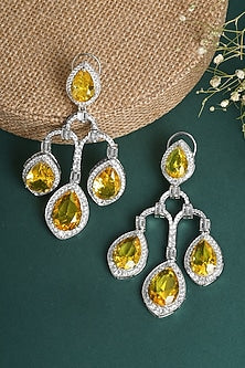 White Finish Faux Diamond & Yellow Sapphire Dangler Earrings