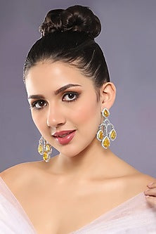 White Finish Faux Diamond & Yellow Sapphire Dangler Earrings