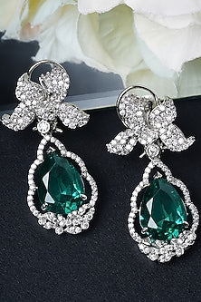 White Finish Emerald & Zircon Stud Earrings