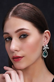 White Finish Emerald & Zircon Stud Earrings