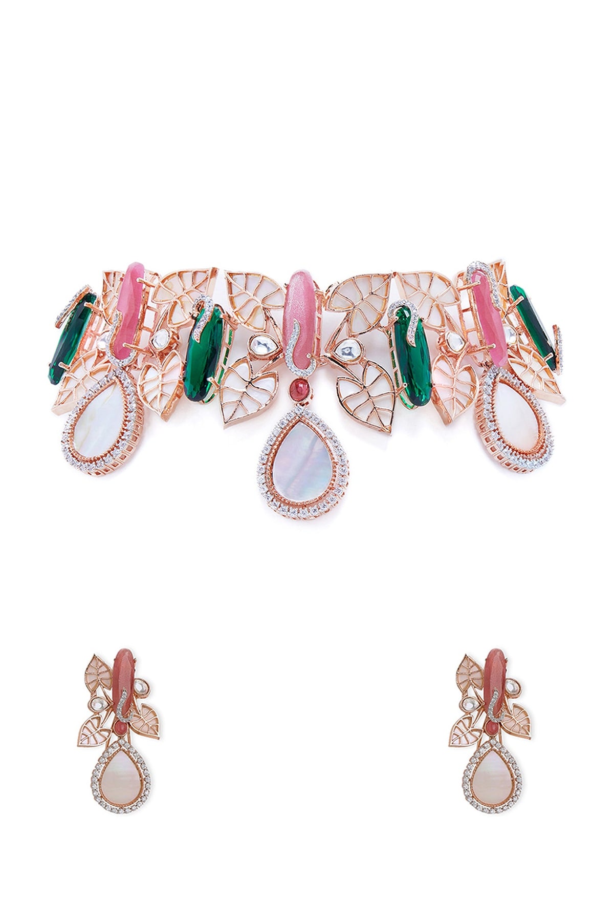 Rose Gold Finish Mother Of Pearl Choker Necklace Set