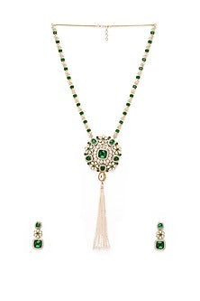 Gold Finish Emerald Long Necklace Set