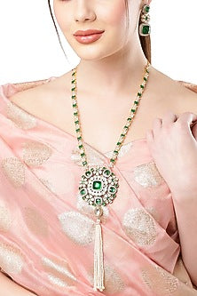 Gold Finish Emerald Long Necklace Set