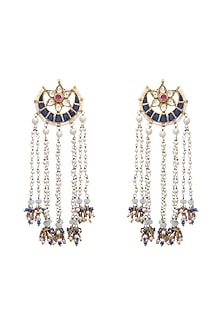 Gold Finish Indigo Kundan Polki & Pearl Dangler Earrings