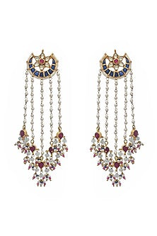 Gold Finish Indigo Kundan Polki & Pearl Dangler Earrings