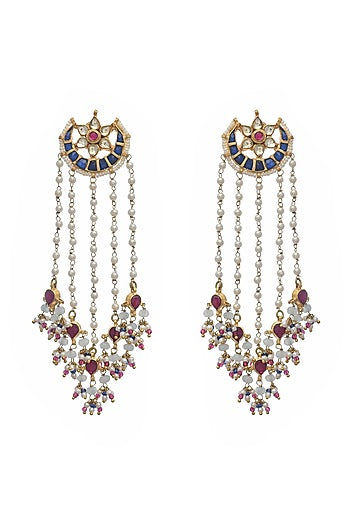 Gold Finish Indigo Kundan Polki & Pearl Dangler Earrings