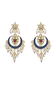Gold Finish Indigo Kundan Polki & Pearl Dangler Earrings