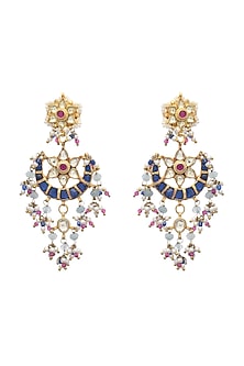Gold Finish Indigo Kundan Polki & Pearl Dangler Earrings