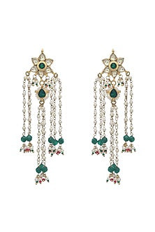 Gold Finish Green Kundan Polki & Pearl Dangler Earrings