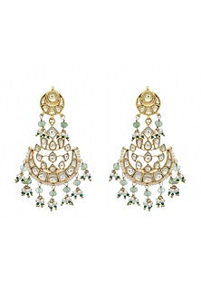 Gold Finish Kundan Polki & Pearl Bead Chandbali Earrings