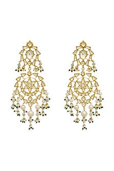 Gold Finish Jhumka Earrings With Grey Beads