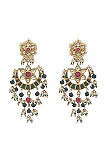 Gold Finish Green Beaded Chandbaali Earrings
