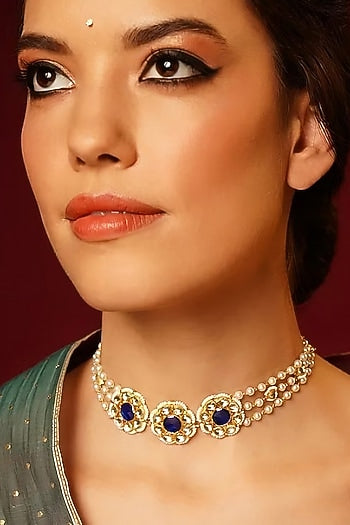 Gold Finish Indigo Pachi Kundan Polki Jadau Choker Necklace