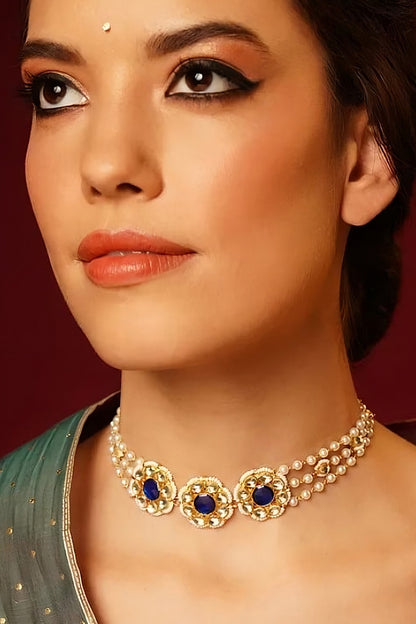 Gold Finish Indigo Pachi Kundan Polki Jadau Choker Necklace