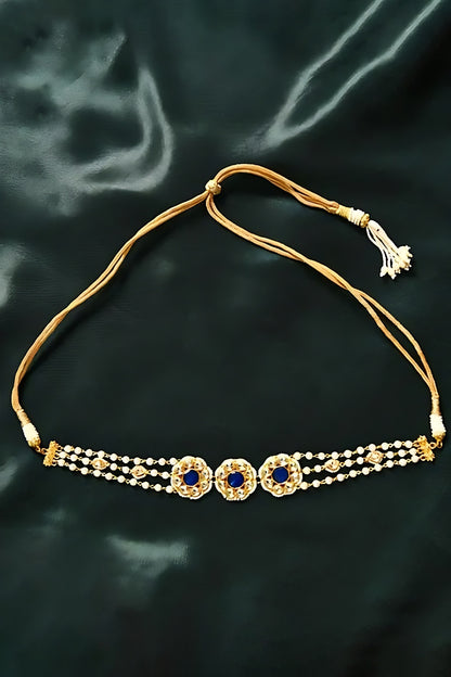 Gold Finish Indigo Pachi Kundan Polki Jadau Choker Necklace