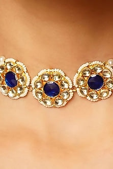 Gold Finish Indigo Pachi Kundan Polki Jadau Choker Necklace