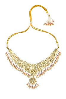 Gold Finish Pink Stone Jadau Necklace Set