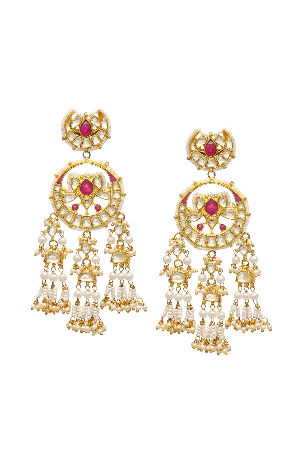 Gold Finish Red Stone Jadau Dangler Earrings