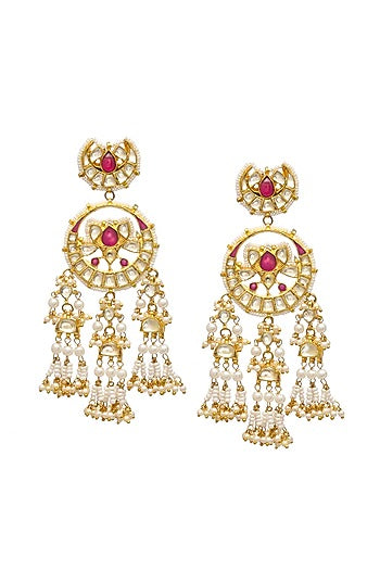 Gold Finish Red Stone Jadau Dangler Earrings