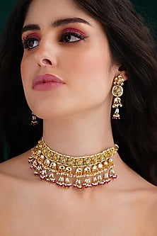 Gold Finish Beaded & Kundan Polki Choker Necklace Set