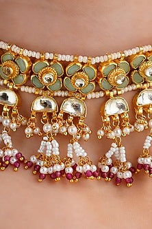 Gold Finish Beaded & Kundan Polki Choker Necklace Set