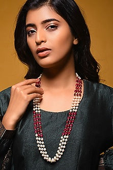 Gold Finish Green Beaded & Pearl Necklace