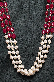 Gold Finish Green Beaded & Pearl Necklace