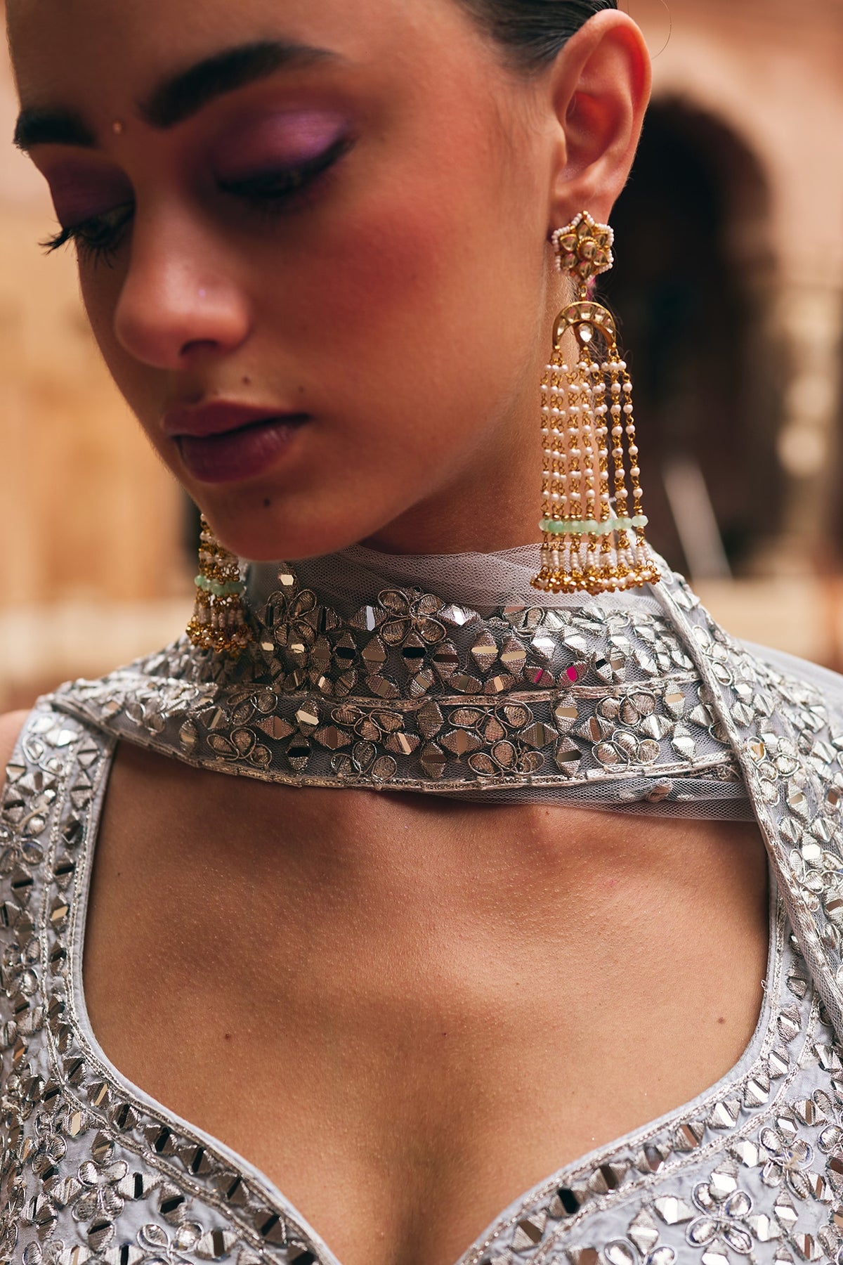 Gold Finish Pachi Kundan Polki & Pearl Dangler Earrings